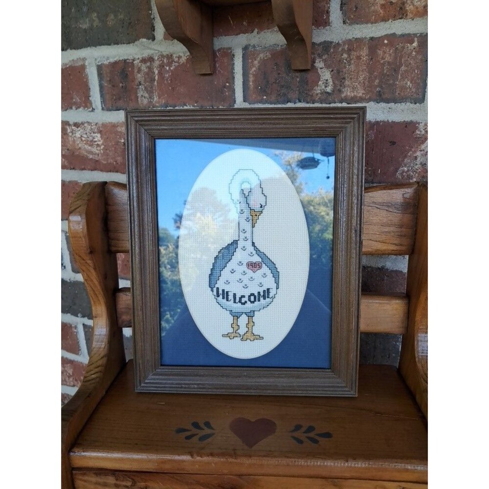 1985 Vtg Goose Welcome Framed Matted Cross Stitch 8.5"x10.5" Blue Granny Core